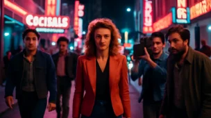 Cena de rua de Los Angeles em 1985, luzes de neon, personagem feminina central, atmosfera de suspense, refletindo o brilho de Mia Goth em MaXXXine.