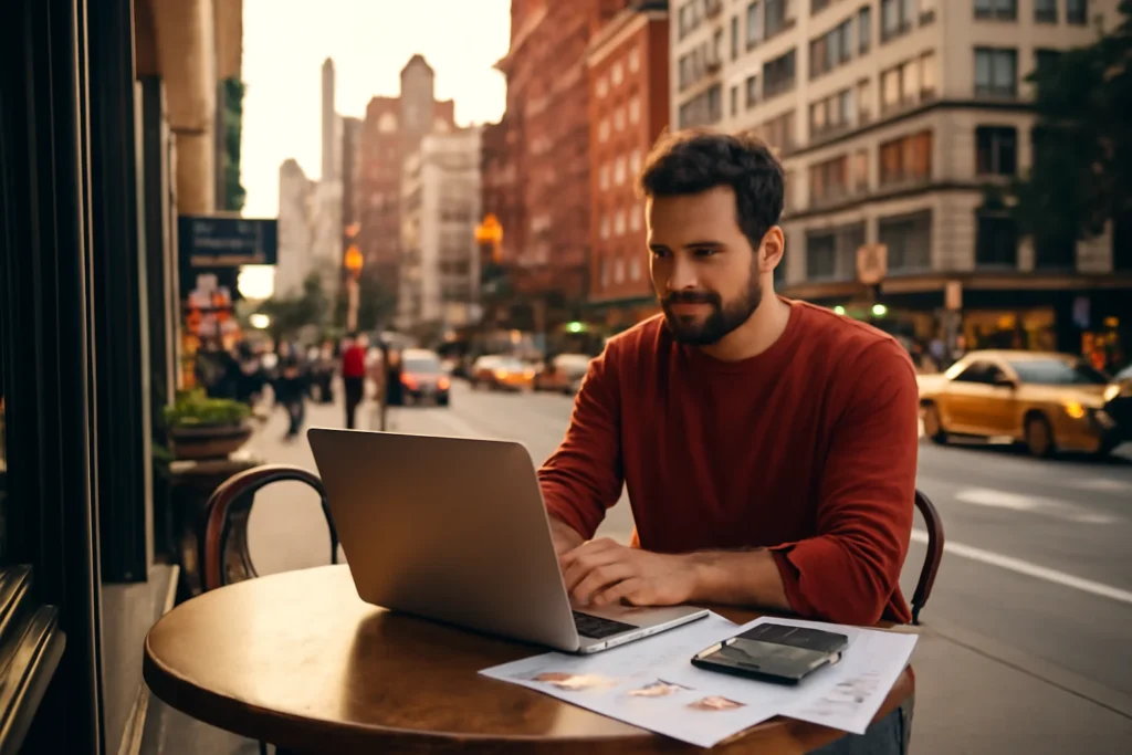 INSS para Trabalhador Autônomo: Entenda as Alíquotas, Benefícios e Regras para Aposentados que Continuam Trabalhando 1 Cena de um trabalhador autônomo em um café urbano com laptop, documentos e calculadora, fundo de cidade vibrante