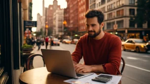 Cena de um trabalhador autônomo em um café urbano com laptop, documentos e calculadora, fundo de cidade vibrante