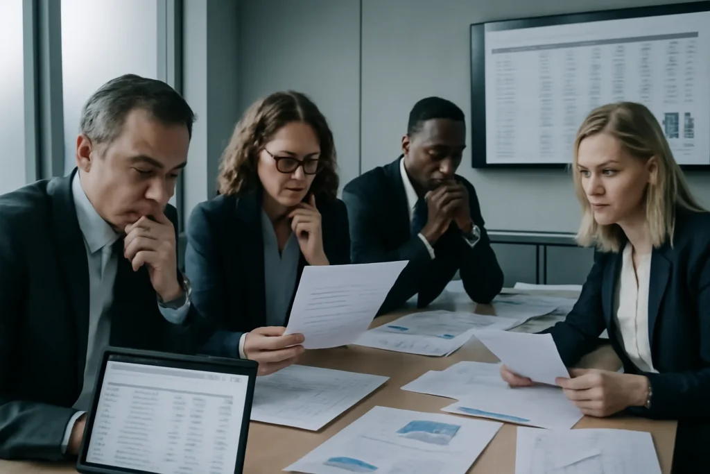 Reunião corporativa com profissionais analisando gráficos fiscais, preocupados com alerta fiscal redução benefícios.