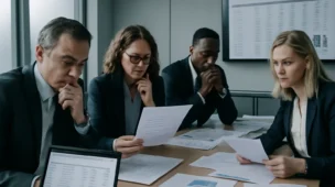 Reunião corporativa com profissionais analisando gráficos fiscais, preocupados com alerta fiscal redução benefícios.