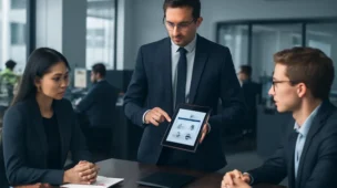 Gerente demonstra documento digital em reunião sobre plano saúde empresarial entenda em sala moderna