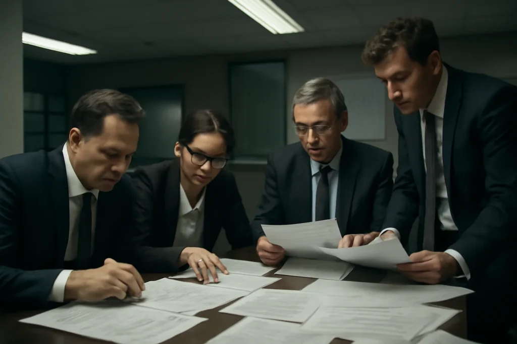 Simples Nacional Sob Fogo Cruzado: CARF Flagrando Empresas que Usam o Regime para Fraudar Pagamento de Impostos e Evitar Multas Pesadas 1 Cena de fiscalização com advogados e fiscais do CARF analisando documentos fiscais, simbolizando o combate ao simples nacional sob fogo