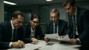 Cena de fiscalização com advogados e fiscais do CARF analisando documentos fiscais, simbolizando o combate ao simples nacional sob fogo