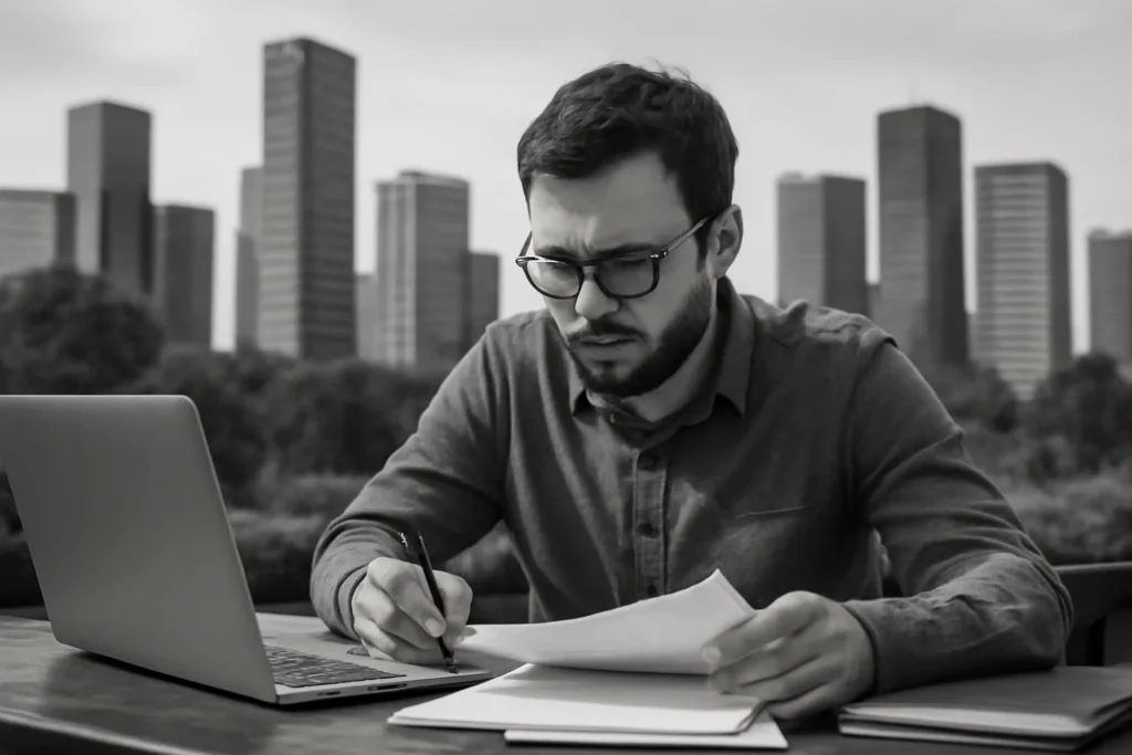 Trabalhador Autônomo e INSS: Entenda as Alíquotas de 11% e 20%, Benefícios e Direitos do Contribuinte Individual 1 Imagem de um trabalhador autônomo INSS concentrado ao ar livre com documentos e laptop na cidade moderna