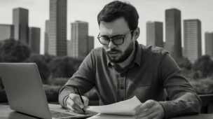 Imagem de um trabalhador autônomo INSS concentrado ao ar livre com documentos e laptop na cidade moderna