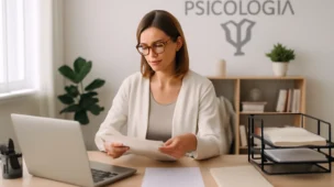 Cena de rascunho automático em uma clínica de psicologia moderna, com psicóloga organizando papéis e computador