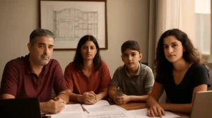 Família paulista em escritório discutindo rascunho automático e holding familiar