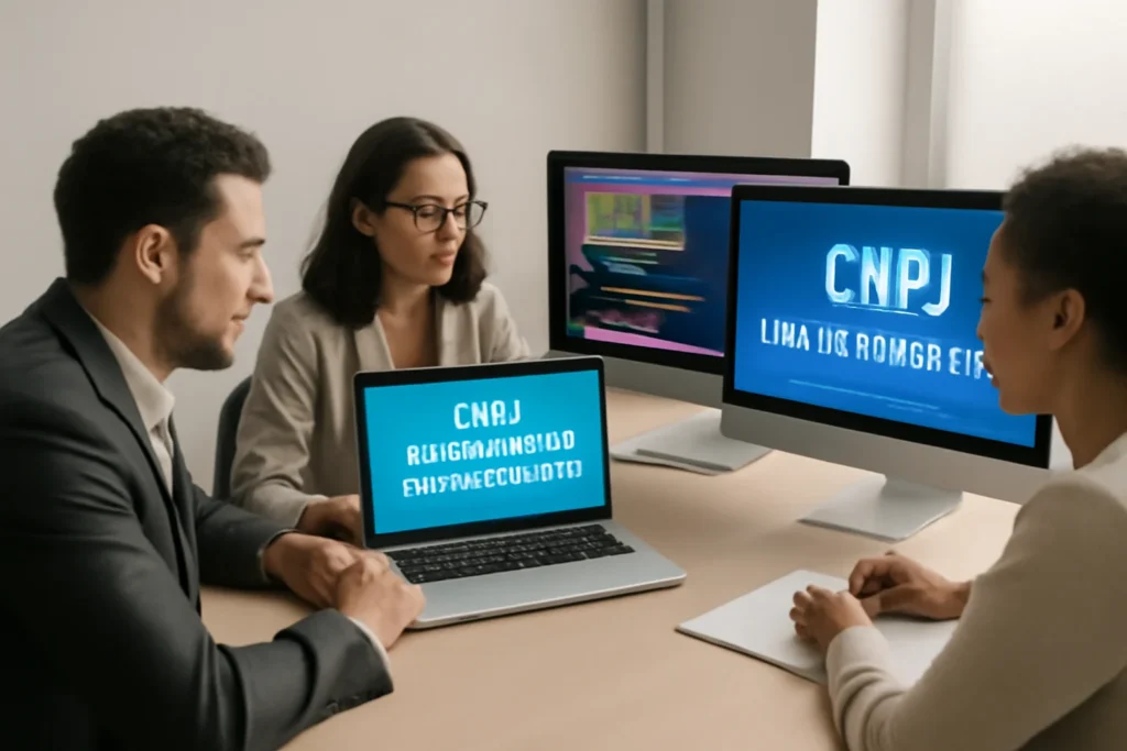 CNPJ Alfanumérico: o que muda a partir de julho de 2026 e o que você precisa fazer agora 1 Equipe de profissionais de escritório ao redor de uma mesa, analisando códigos de rascunho automático e CNPJs tradicionais e alfanuméricos