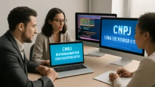 Equipe de profissionais de escritório ao redor de uma mesa, analisando códigos de rascunho automático e CNPJs tradicionais e alfanuméricos
