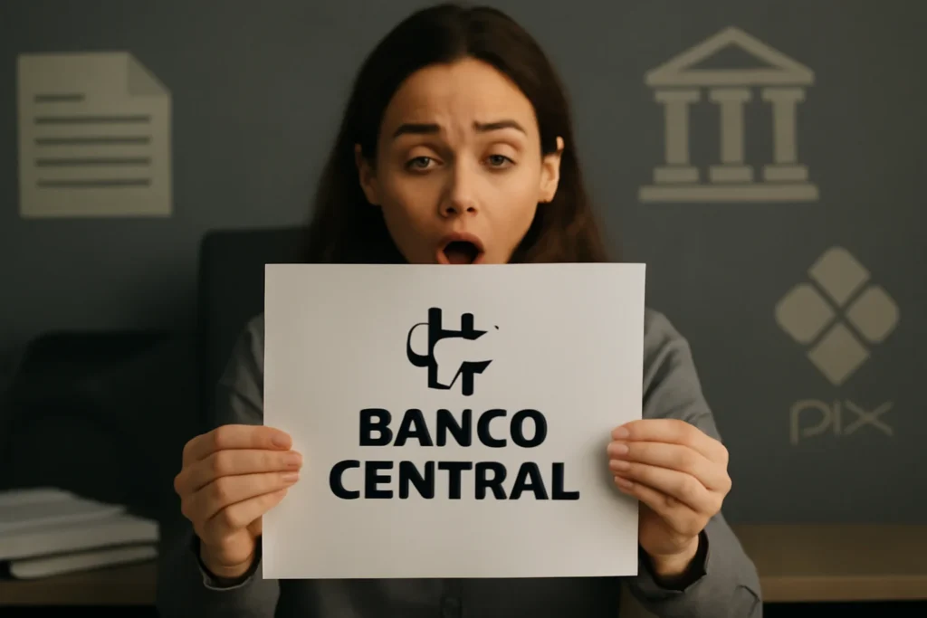 Pessoa segurando documento do Banco Central com elementos de rascunho automático ao redor