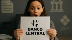 Pessoa segurando documento do Banco Central com elementos de rascunho automático ao redor