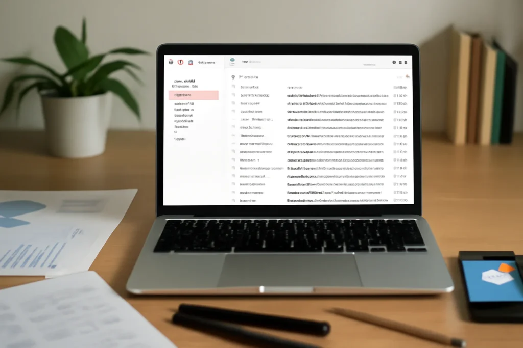 Gmail: O Truque Que o Google Não Te Conta Para Ter Vários Endereços de E-mail 1 Mesa de trabalho com laptop mostrando caixa de entrada de e-mails, papéis, canetas e smartphone com notificações, ambiente profissional organizado