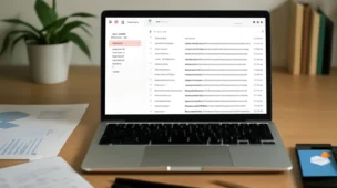 Mesa de trabalho com laptop mostrando caixa de entrada de e-mails, papéis, canetas e smartphone com notificações, ambiente profissional organizado