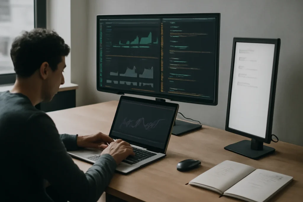 A IA que Nunca Esquece: Como Montar Seu Assistente Inteligente com Notebook LM, Claude e Obsidian 1 Imagem com rascunho automático de pessoa usando laptop em espaço de trabalho moderno focado em tecnologia e produtividade