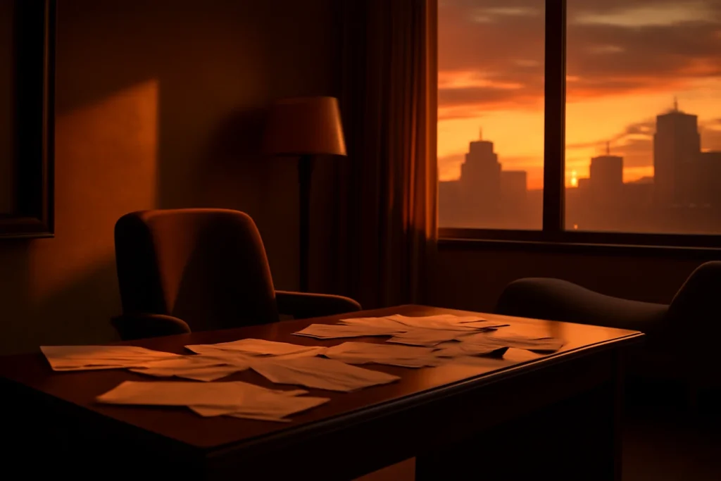 Fechar o CNPJ Não Apaga as Dívidas: O Que Muda Para o Psicólogo Com o Novo Projeto de Lei 1 Escritório de psicologia vazio ao entardecer com papelada espalhada, cadeira vazia e janela com vista urbana, simbolizando encerramento de ciclo, rascunho automático