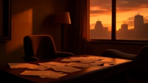 Escritório de psicologia vazio ao entardecer com papelada espalhada, cadeira vazia e janela com vista urbana, simbolizando encerramento de ciclo, rascunho automático
