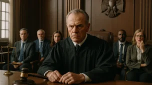 Imagem de tribunal com juiz sério e empresários atentos, destacando a palavra-chave STF contratação PJ verdade