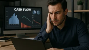Cena de loja ou escritório com pessoa usando computador, gráficos de fluxo de caixa ao fundo, refletindo rascunho automático e preocupação