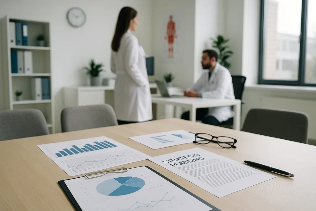 BPO Financeiro para Consultórios: Libere seu Tempo Médico e Foque em Pacientes, Deixe a Burocracia Conosco! 1 Imagem de clínica médica moderna com profissionais, gráficos e documentos de planejamento estratégico, destacando clínica médica desvende planejamento.