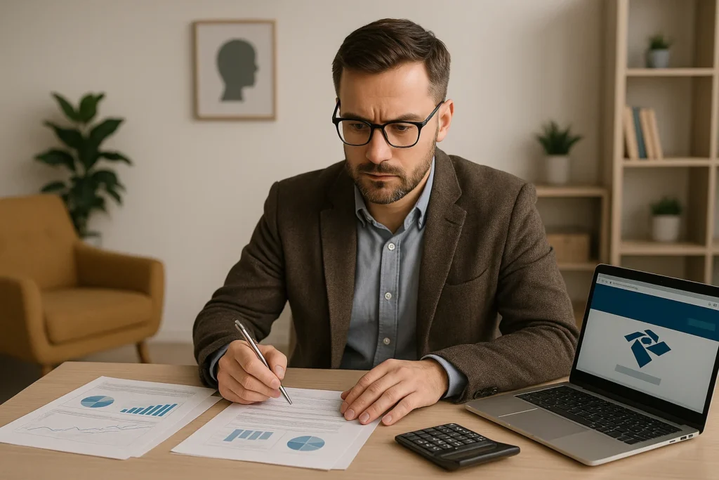Carnê-Leão para Psicólogos: Domine a Declaração do IR e Fuja da Malha Fina da Receita Federal 1 Imagem de um psicólogo concentrado em seu consultório moderno com elementos de saúde mental e organização financeira, relacionado ao carnê leão psicólogos domine.