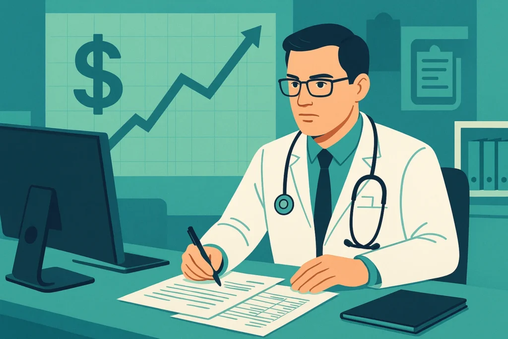 Médico PF ou PJ em clínica moderna, com gráficos e símbolos de dinheiro ao fundo