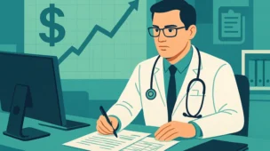 Médico PF ou PJ em clínica moderna, com gráficos e símbolos de dinheiro ao fundo