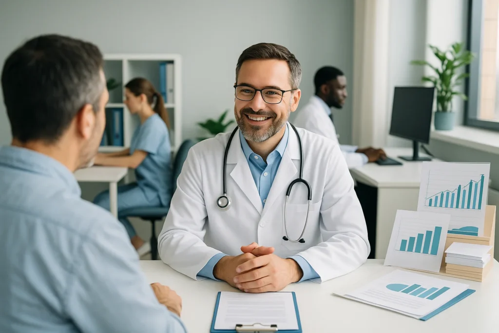 Clínicas Médicas: Desvende o Planejamento Tributário para Pagar Menos Impostos Legalmente e Impulsionar Seus Lucros 1 Cena de consultório médico moderno com equipe gerenciando finanças e gráficos de BPO financeiro consultórios libere