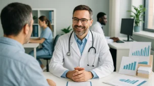 Cena de consultório médico moderno com equipe gerenciando finanças e gráficos de BPO financeiro consultórios libere